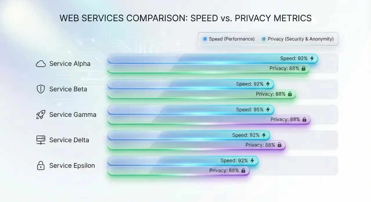 A comparison chart showing speed and privacy ratings of different proxy services.