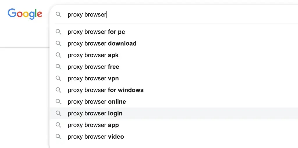 Google Autocomplete results for 'proxy browser' showing diverse user needs: download, online, apk, etc.
