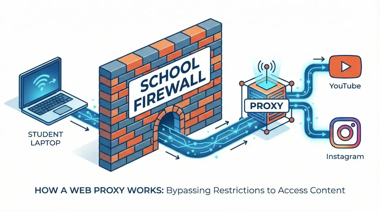 Diagramma che mostra come un web proxy crea un tunnel attraverso il firewall scolastico per accedere ai siti bloccati