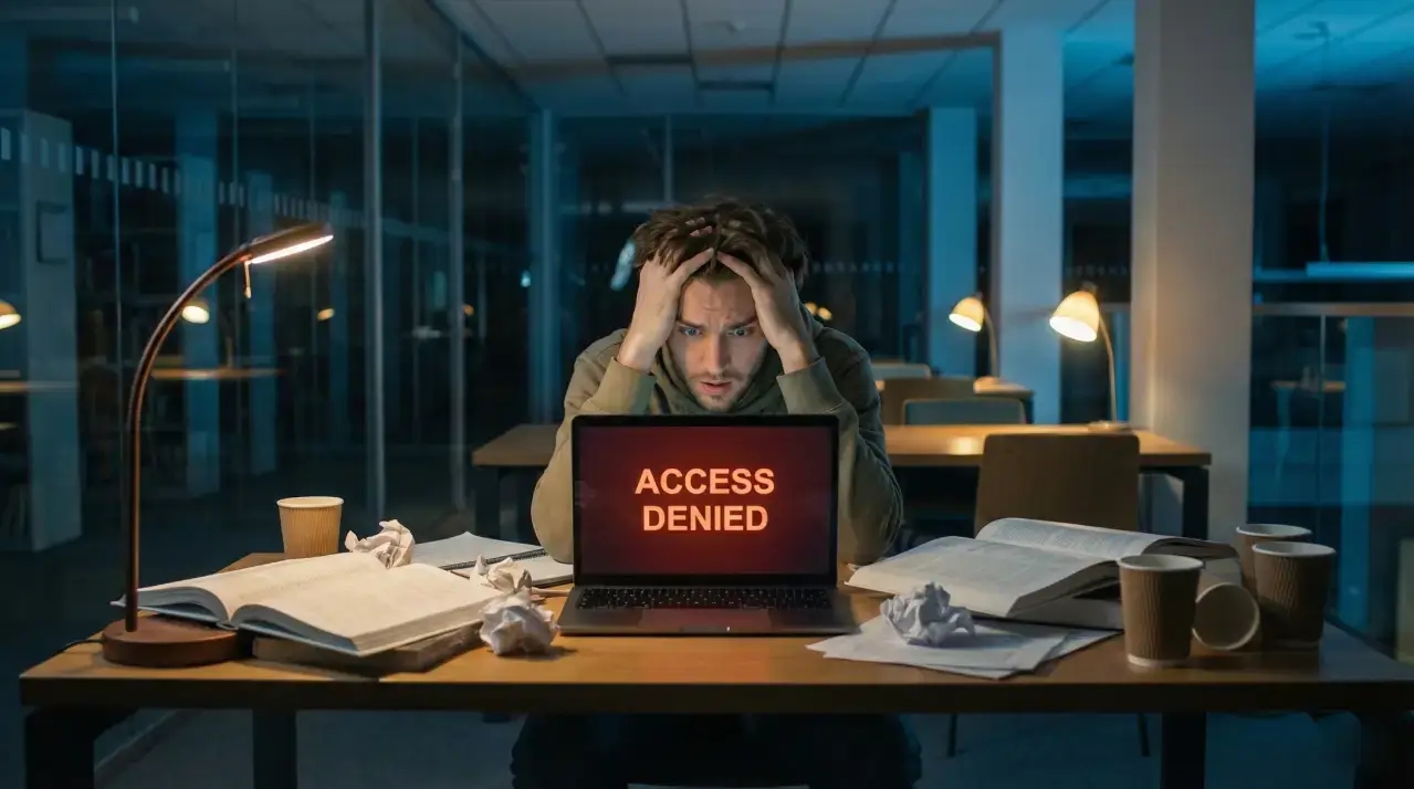 Uno studente universitario frustrato che guarda una schermata di Accesso Negato in biblioteca